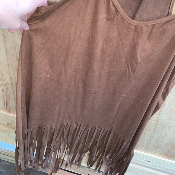 First look brown faux soft suede fringed racerback style shirt size S - Picture 3 of 4